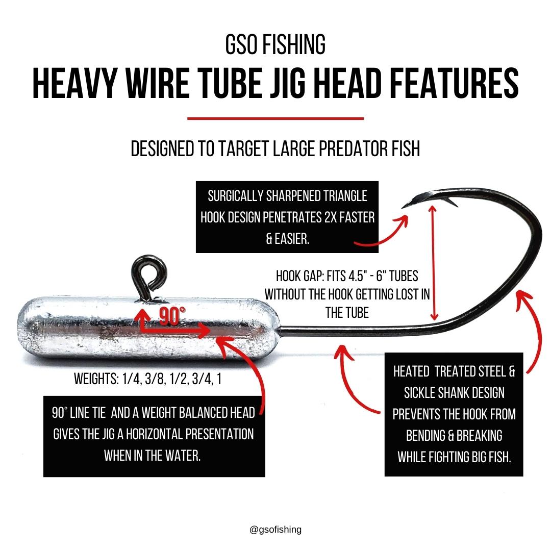 Heavy Wire Tube Jig Head Product Features - GSO Fishing. Designed To Target Large Predator Fish, Hook Gap, Hook Point, Weights, 90 Degree Line Tie and Weight Balanced Head.