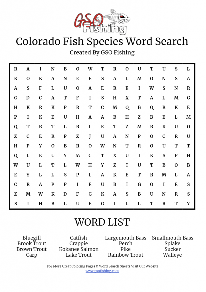 Colorado Fish Species: Sample picture of a Colorado Fish Species word search by GSO Fishing