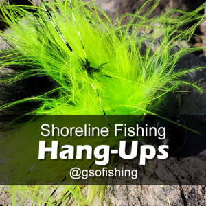 Hang-ups : Showing a GSO Premium HP Marabou in chartreuse & black hooked on a rock