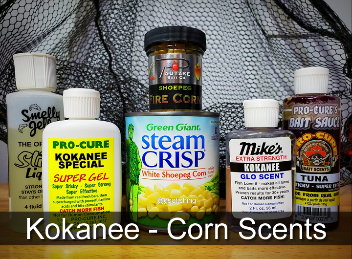 Kokanee Bait Scents - Corn Scents - GSO Fishing - Green Giant White Shoepeg Corn, Pautzke Fire Corn, Smelly Jelly Scent, Pro-Cure Kokanee Special Super Gel, Mike's Extra Strength Kokanee Glo Scent, Pro Cure's Bait Sauce Tuna