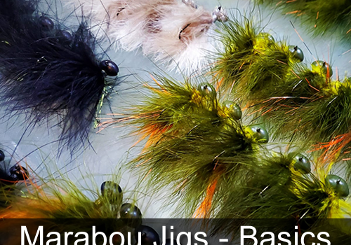 Marabou Jigs - Basics - GSO Fishing - Various Marabou Jigs in Black, Green, White, and Orange