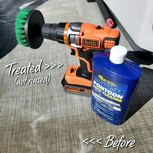 GSO Fishing Star Brite Ultimate Pontoon Deck Cleaner & Drill With Scrub Brush Image shows both treated (scrubbed) and not treated (not scrubbed.)