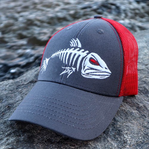 GSO Fishing grey hat with white fish logo on front and red mesh back.